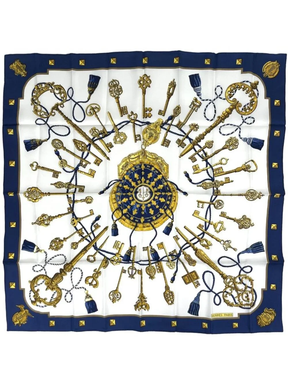 Hermes Carre 90 Key Pattern Scarf Silk Navy